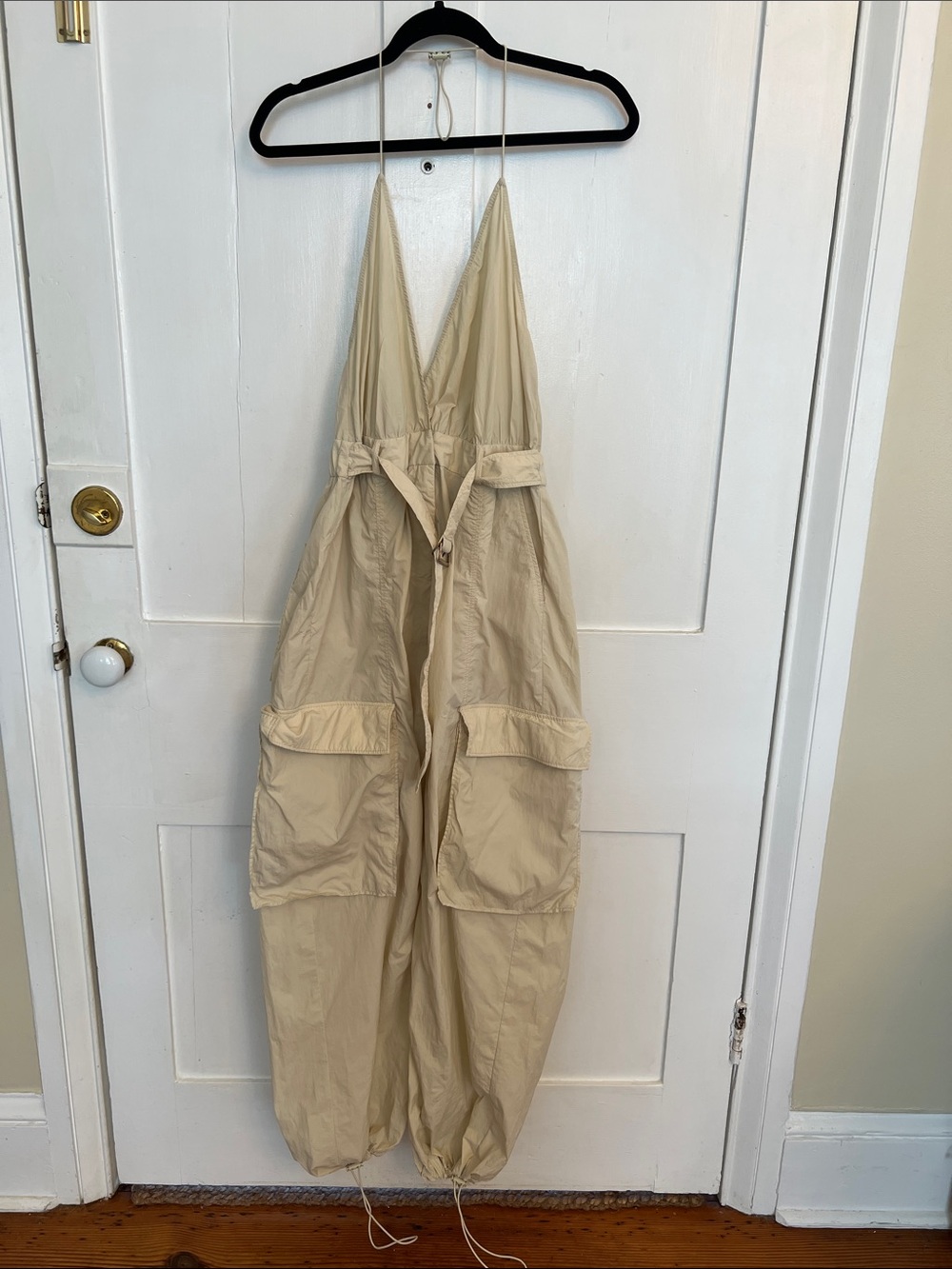 ZARA Women’s Parachute Beige Utility Jumpsuit with Cargo Pockets